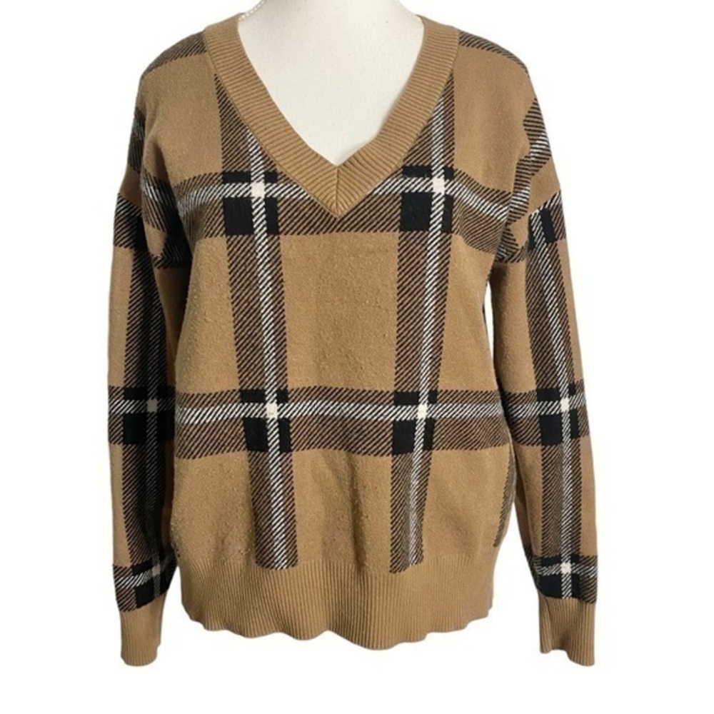 Max Studio Neutral Plaid Block Long Sleeves Soft Knit Sweater